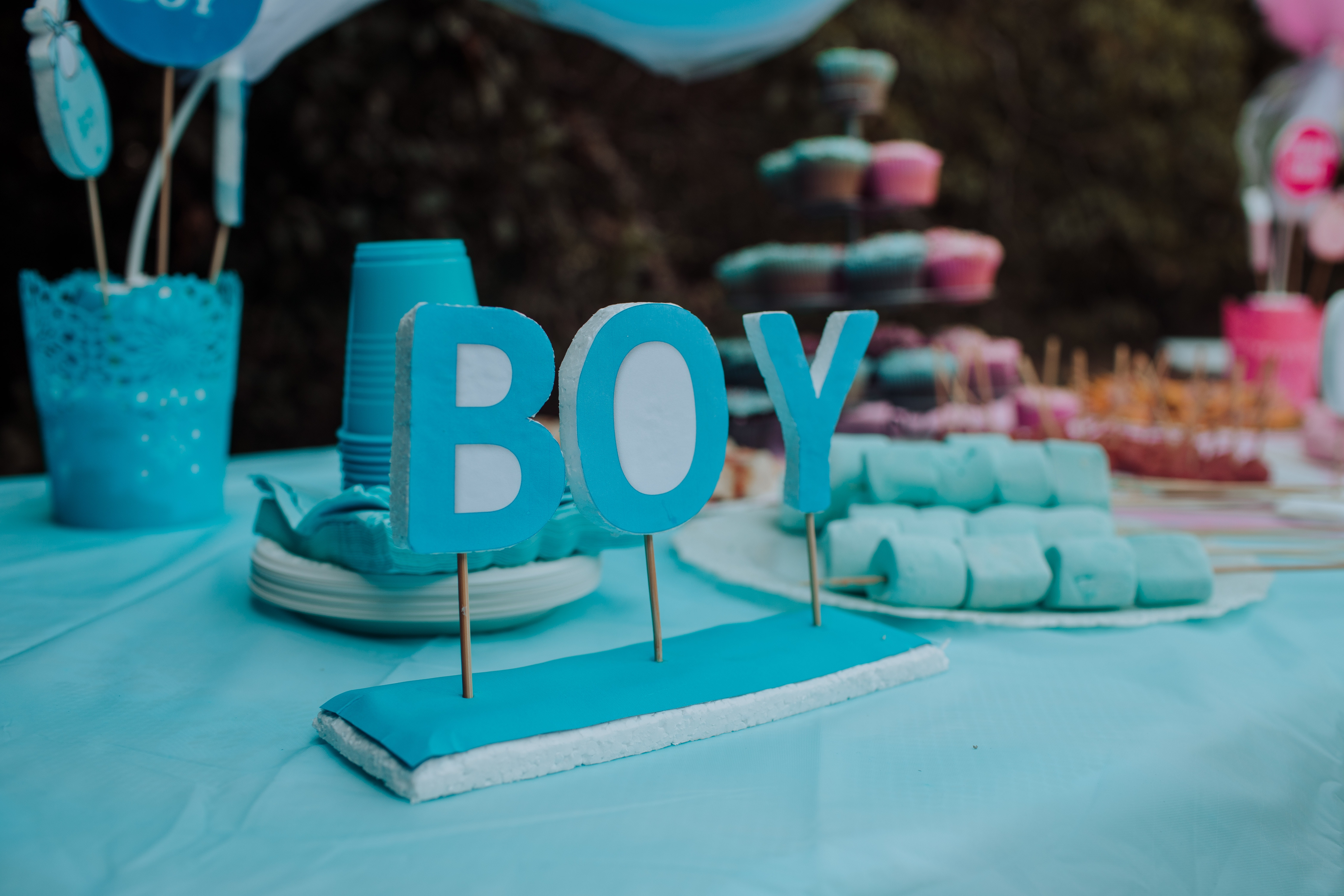 Table covered with blue decorations and treats with a sign saying "BOY."
